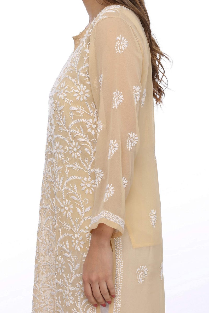 Ada Hand Embroidered Indian Chikankari Women's Georgette Kurti Kurta with Slip A90352,XS, Fawn - Image 5